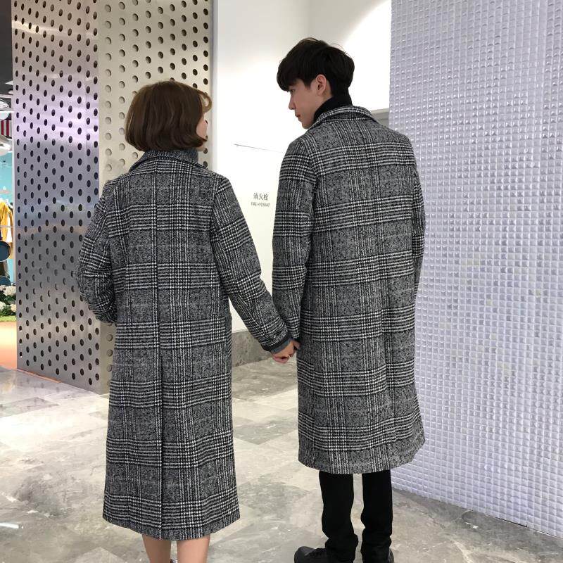 秋冬季过膝加棉加厚呢大衣情侣装千鸟格子大衣中长款外套男女式,女装短外套,星座716A-1（原星座815）