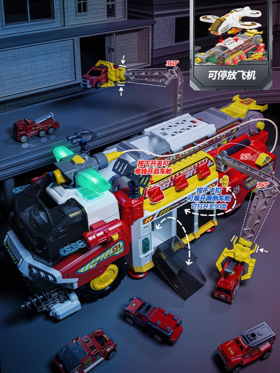 SAM은 소리와 빛 크리스마스 선물로 다기능 경주용 구조 물 스프레이 소방차 장난감 대형 사다리 트럭을 구매합니다