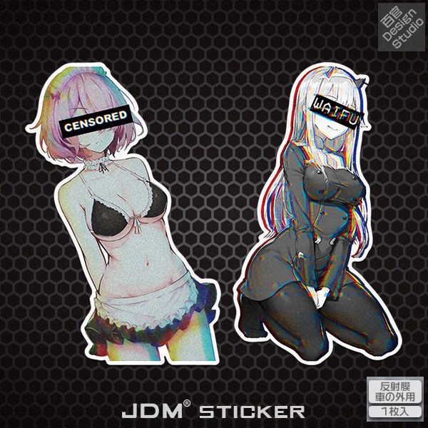 故障风赛博朋克二次元少女反光汽车改装车贴纸摩托车电动车头盔贴