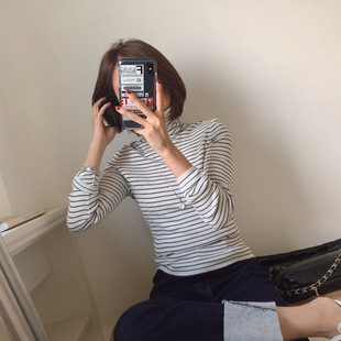 细羊毛横条纹堆堆领大弹力贴身打底内搭薄毛衣针织衫黑白