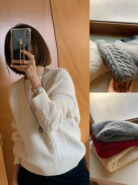 100羊毛复古麻花宽松保暖灰白节日红氛围慵懒加厚套头毛衣冬季新