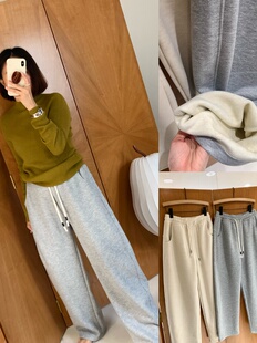 松紧腰长裤 秋冬加厚桑蚕丝羊毛加绒抽绳弯刀裤 秋冬保暖休闲裤