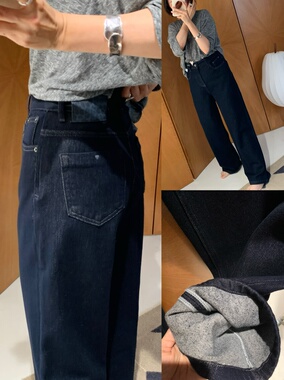 推荐实物更美薄暖绒黑色兜上精致刺绣简约直筒秋冬长裤保暖时髦女