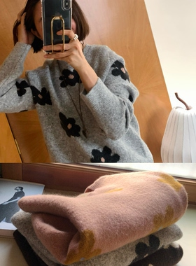 元气满满减龄提花大花朵撞色加厚短款套头圆领毛衣冬女