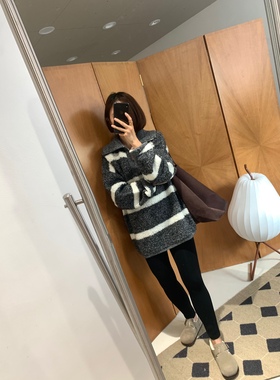 全羊毛厚实保暖大翻领懒人穿搭韩版大毛衣款横条纹灰色