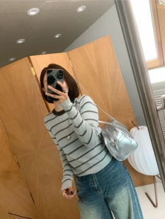经典撞色细横条纹大弹力修身圆领套头薄毛衣针织上衣秋款新女