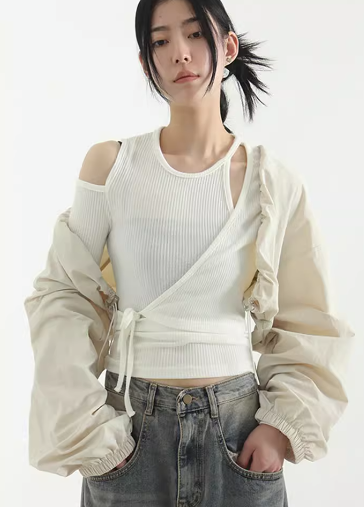 韩国代购23F/W paper shirring bolero 抽绳开衫上衣