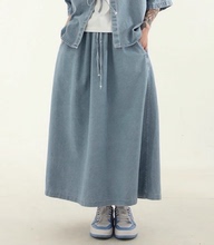韩国代购23 light blue denim banding long skirt 抽绳牛仔长裙