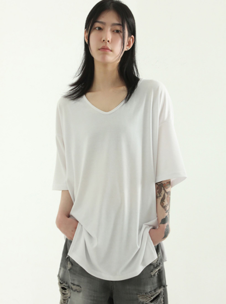 韩国代购23S/S mild V neck slit tee 设计师夏凉垂感V领T恤