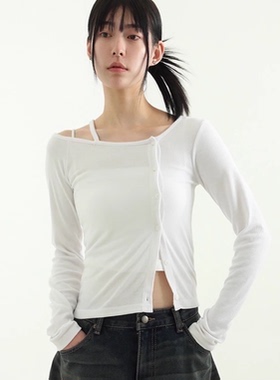 韩国代购24A/W unbalanced golgi button tee 设计师系扣长T