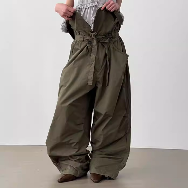 韩国代购26A/W foldable paper cotton strap pants绑带宽松长裤