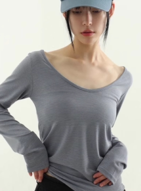 韩国代购24F/W pin stripe wide nack silket tee 细条纹宽领长袖