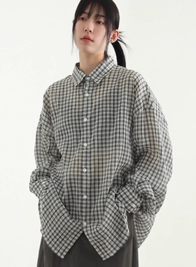 韩国代购24S/S clean texture check shirt 格子半透长袖衬衫