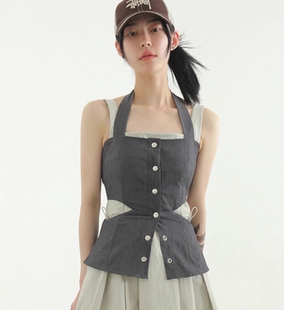 韓國代購 button 系扣無袖 上衣 slit top waist 24S sleeveless