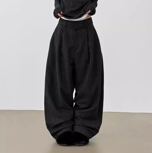 wool two 条纹毛呢西裤 slacks stripe balloon 韩国代购 tuck