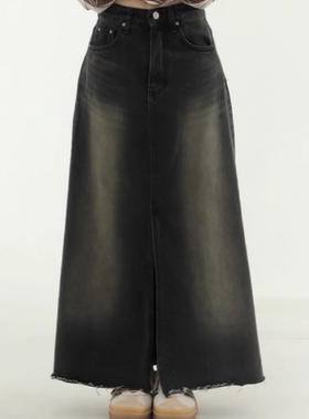 韩国代购24F/W front slit dark brown denim long skirt 牛仔裙