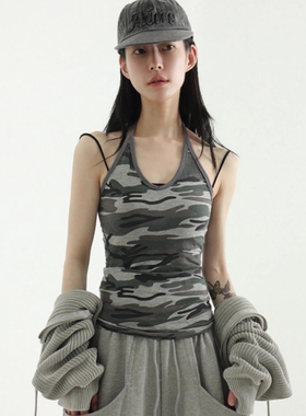 韩国代购25 camo pattern halter neck sleeveless top 迷彩背心