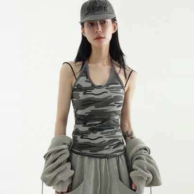韩国代购设计师迷彩吊带背心