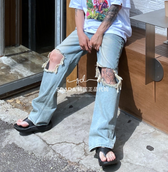 韩国代购22 Knee destroyed wide denim pants膝盖破洞猫须牛仔裤