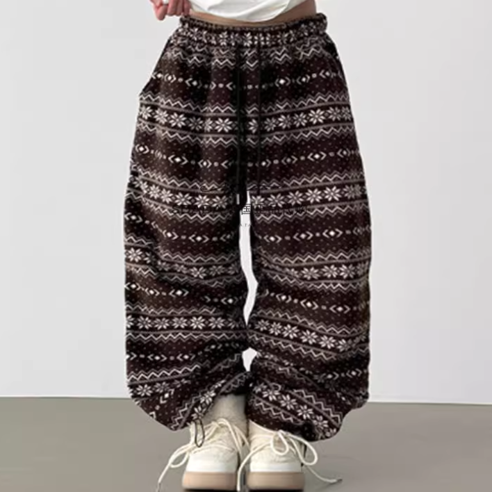 韩国代购设计师花纹摇粒绒小脚裤