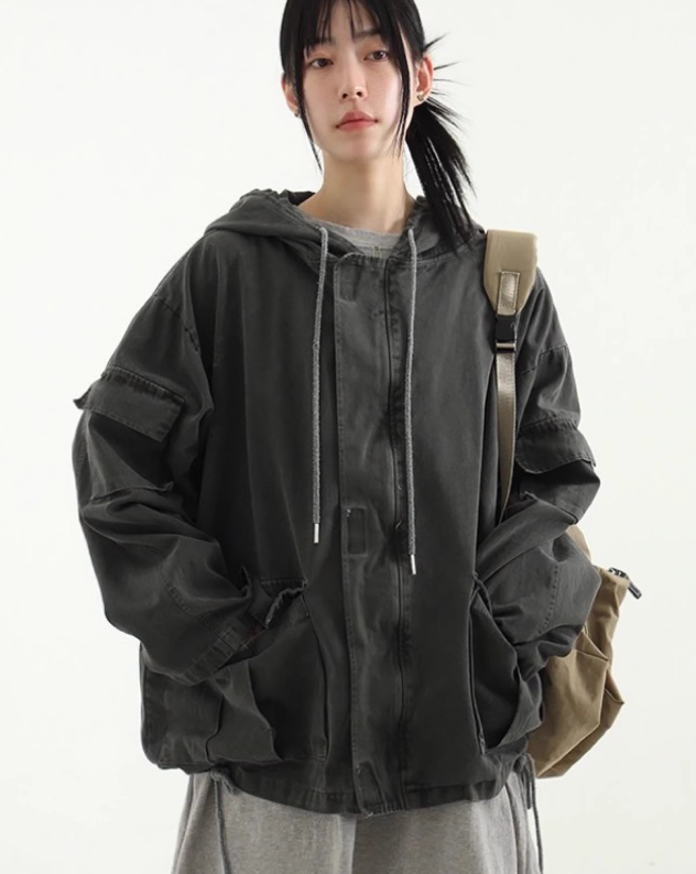水洗做旧棉质连帽外套韩国代购