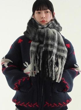 韩国代购24F/W fuzzy check wide tassel muffler 格子纹理围巾