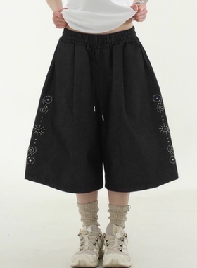 韩国代购25S/S stud denim bermuda banding pants (unisex)短裤
