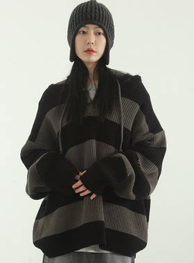 韩国代购条纹针织套头帽衫