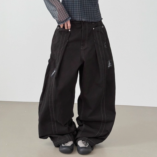 韩国代购25F/W  patchwork peach cotton wide pants格子补丁长裤