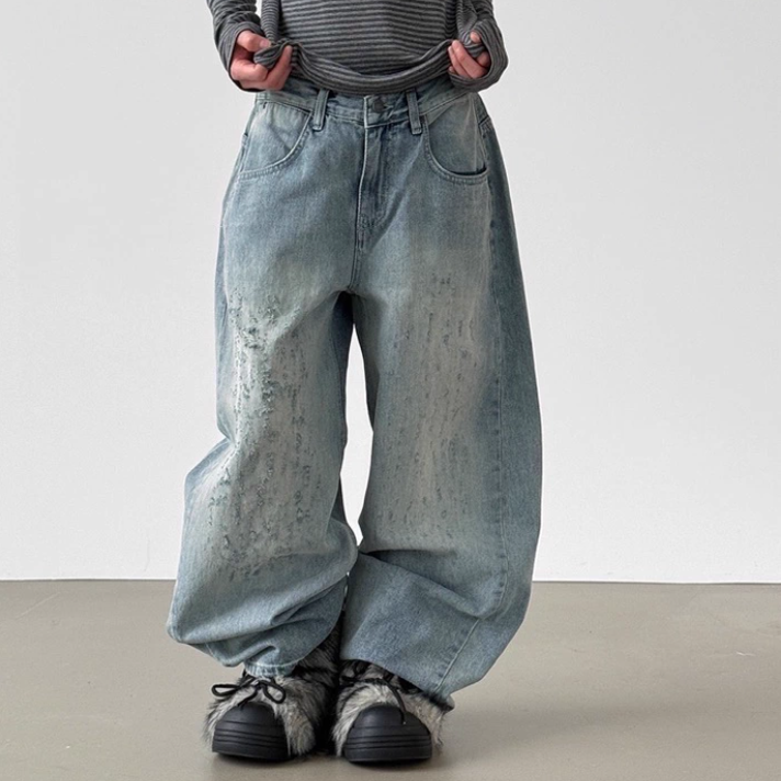 韩国代购25F/W damage ash blue wide jean 设计师破洞牛仔裤女裤