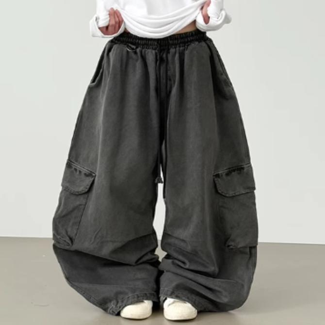 韩国代购水洗做旧棉质工装裤