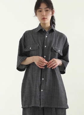 韩国代购23 non fade scratched denim half shirt 牛仔短袖衬衫