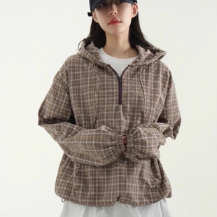 check zip 韩国代购 hood neck anorak格子连帽外套 25S