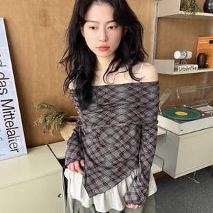 argyle off shoulder 韩国代购 露肩长袖 tee 25a