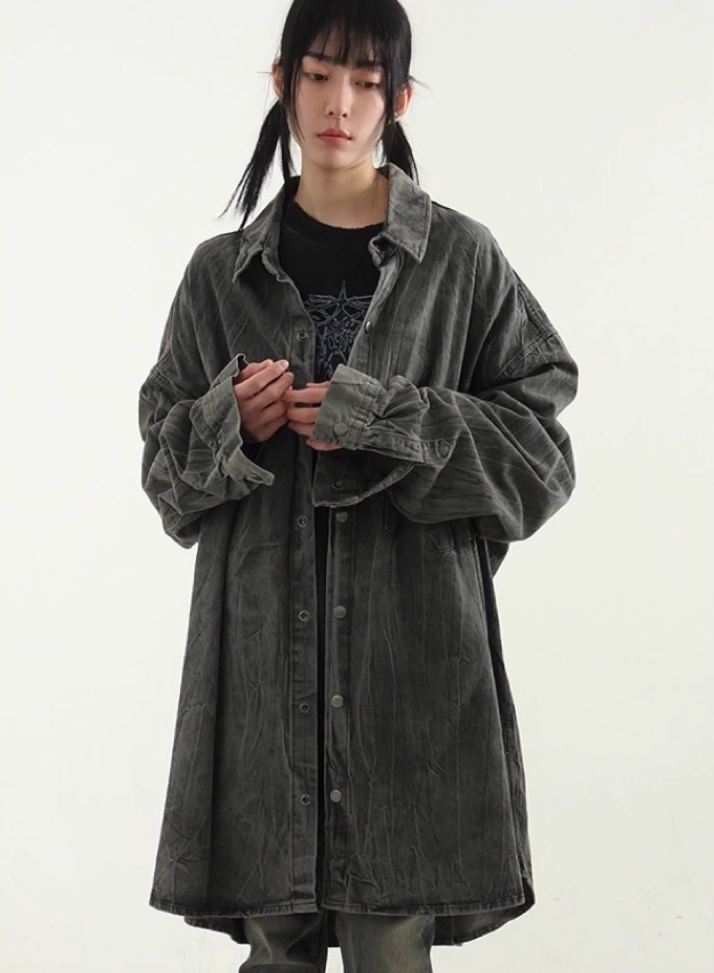 韩国代购24S/S oversize wrinkled denim shirt  褶皱牛仔衬衫