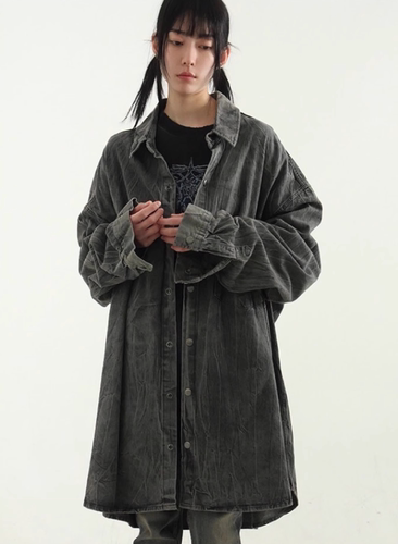 宽松风中性款牛仔布褶皱衬衫