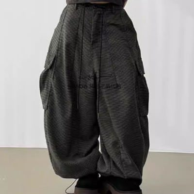 韩国代购宽松格子工装裤男女同款