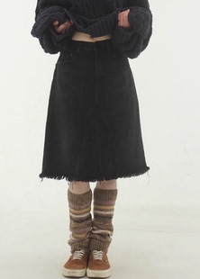 韩国代购23F/W black denim midi skirt 黑灰毛边牛仔中裙