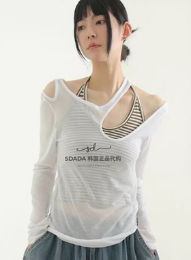 韩国代购24 unbal neck see-through layered tee 半透不规则长袖