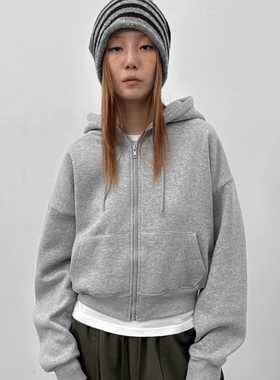 韩国代购25F/W paper fleece-lined cropped hood zip-up加绒帽衫