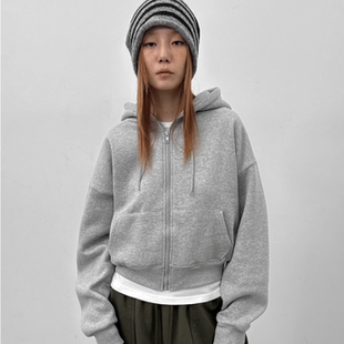 韩国代购25F/W paper fleece-lined cropped hood zip-up加绒帽衫