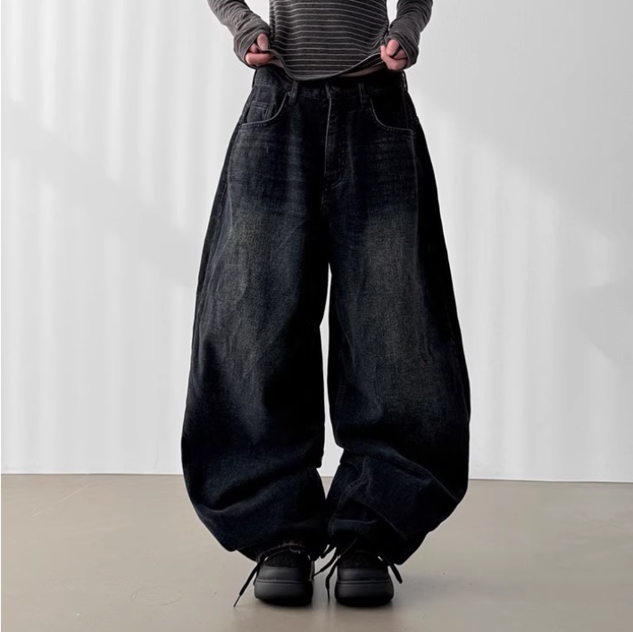 韩国代购加绒宽松水洗牛仔裤