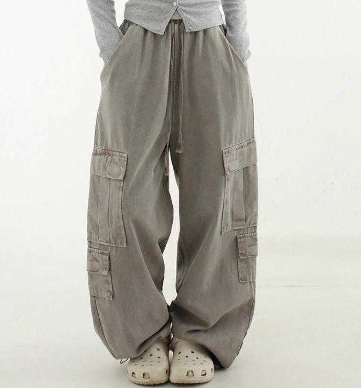 松紧抽绳水洗做旧工装裤韩国