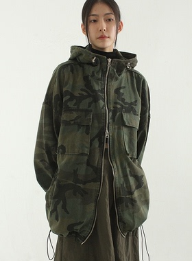 韩国代购21F/W camo pattern 2way hood jumper 迷彩拉链外套