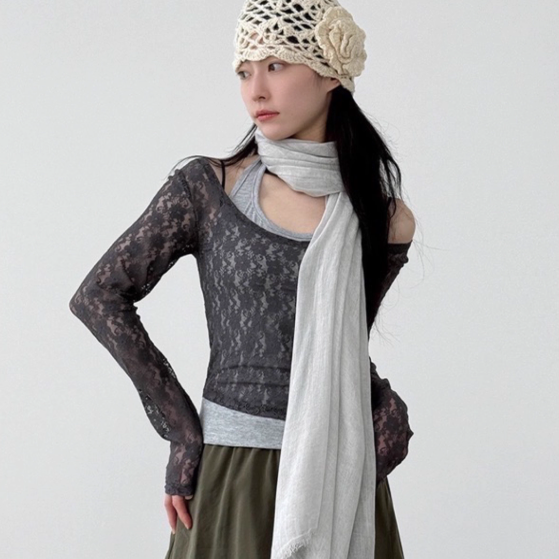 韩国代购25F/W layered floral lace tee 蕾丝长袖背心组合上衣
