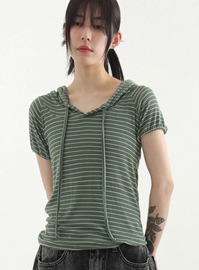 韩国代购24S/S silket stripe hoody 条纹连帽短袖T恤