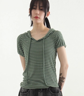 silket stripe hoody T恤 韩国代购 条纹连帽短袖 24S