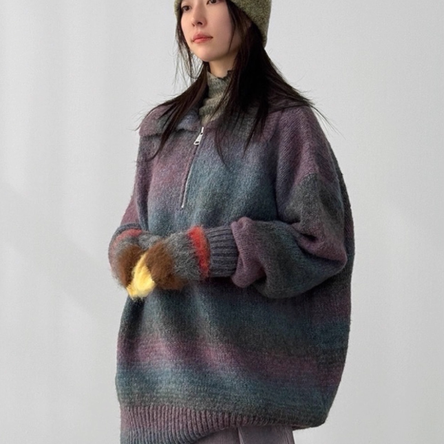 韩国代购翻领渐变半开套头毛衣