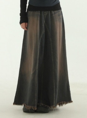韩国代购22F/W brownish dyed denim maxi skirt 做旧牛仔长裙