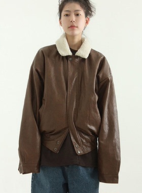 韩国代购 retro cracked leather quilting jumper做旧夹棉皮夹克